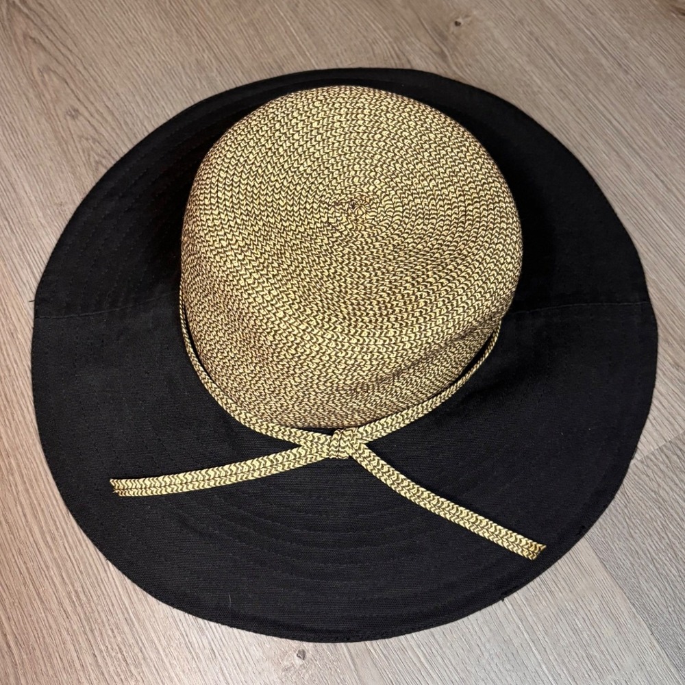 cala Collezione Womens Wide Brim Sun Hat Black Tan Woven Paper Cotton One Size
